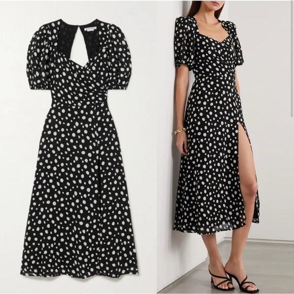 Reformation WILDFLOWER POLKA-DOT GEORGETTE MIDI DRESS IN BLACK 2 - Picture 4 of 16